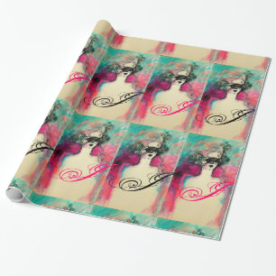 CHARM /Lady With Mask Monogram Pink Teal Green Wrapping Paper