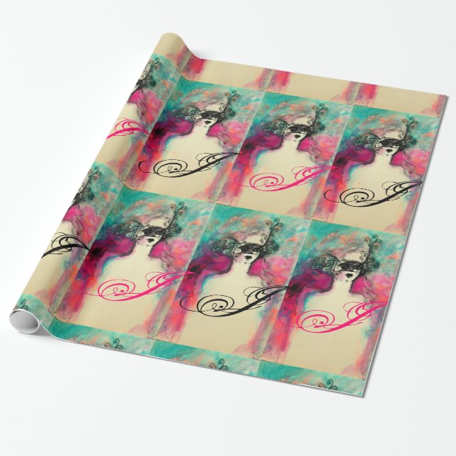 CHARM /Lady With Mask Monogram Pink Teal Green Wrapping Paper (Unrolled)