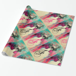 CHARM /Lady With Mask Monogram Pink Teal Green Wrapping Paper