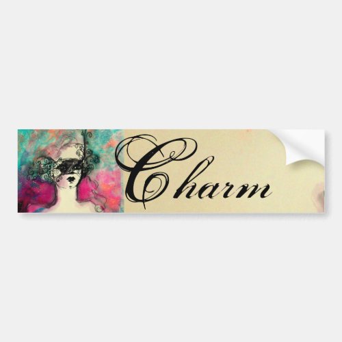 CHARM Lady With Mask Pink Teal Green Bumper Sticker