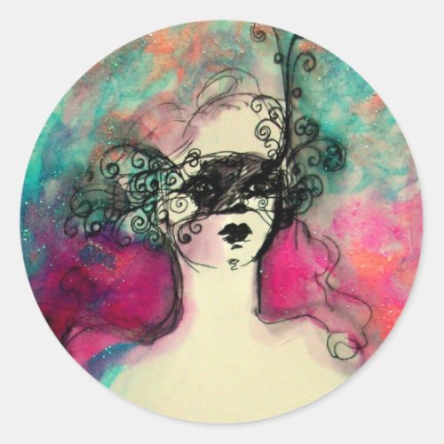 CHARM Lady With Mask Pink Teal Green Classic Round Sticker