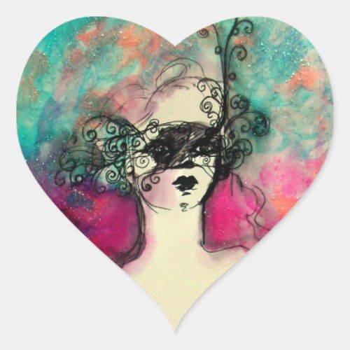 CHARM Lady With Mask Pink Teal Green Heart Sticker