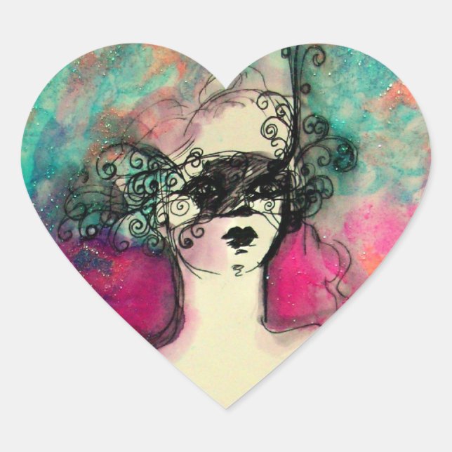 CHARM /Lady With Mask Pink Teal Green Heart Sticker (Front)