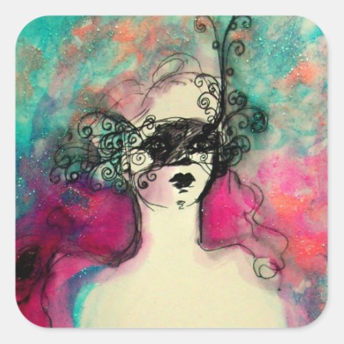CHARM Lady With Mask Pink Teal Green Square Sticker