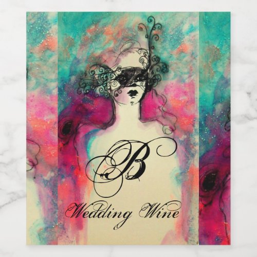 CHARM Lady With Mask Wedding Monogram Pink Teal Wine Label