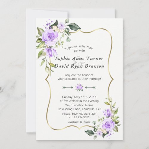 Charm Lavender Flowers Gold Frame Wedding Invitation