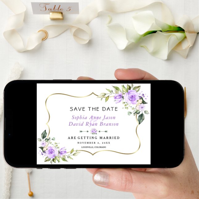 Charm Lavender Flowers Gold Frame Wedding Save The Date (Front Digital)