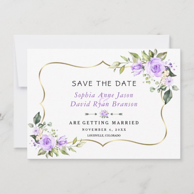 Charm Lavender Flowers Gold Frame Wedding Save The Date (Front)