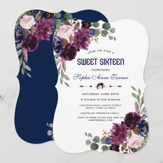 Charm Lavender Navy Blue Floral Bloom Sweet 16 Invitation (Front/Back)