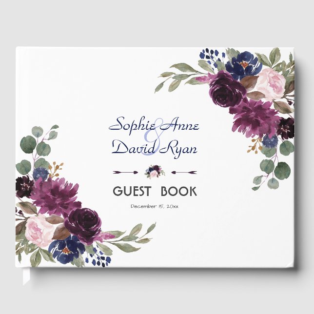 Charm Lavender Navy Blue Floral Bloom Wedding Guest Book (Front)