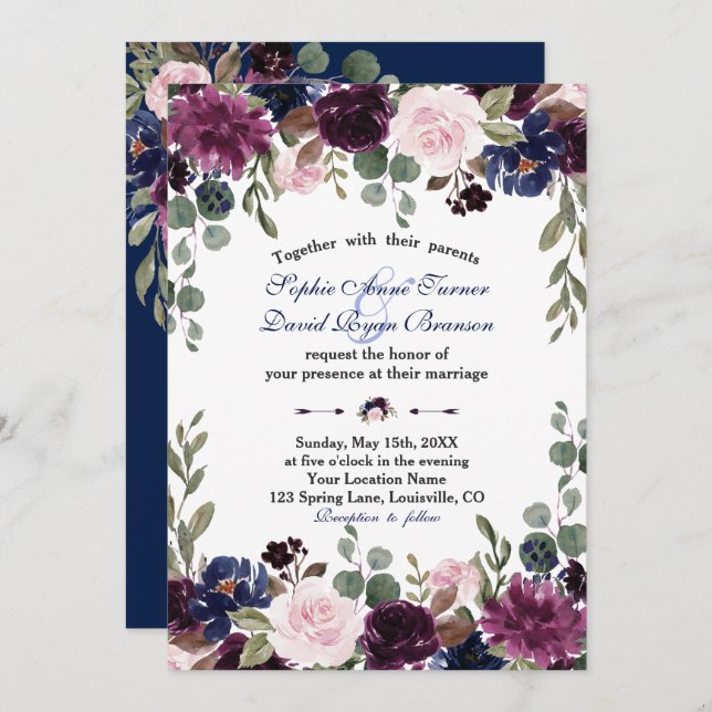 Charm Lavender Navy Blue Floral Bloom Wedding Invitation (Front/Back)