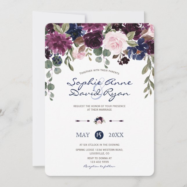 Charm Lavender Navy Blue Floral Bloom Wedding Invitation (Front)