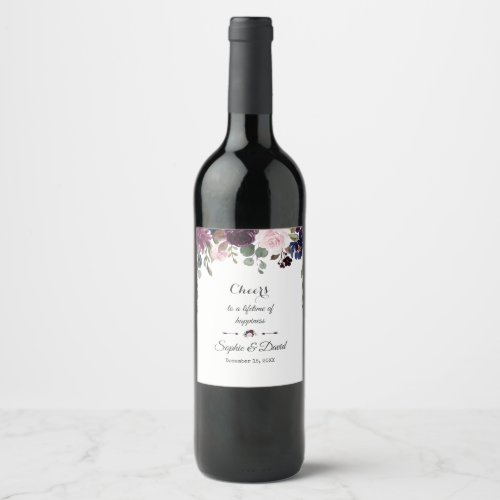 Charm Lavender Navy Blue Floral Bloom Wedding Wine Label