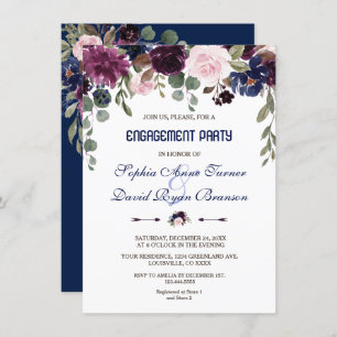 Charm Lavender Navy Blue Floral Engagement Party Invitation