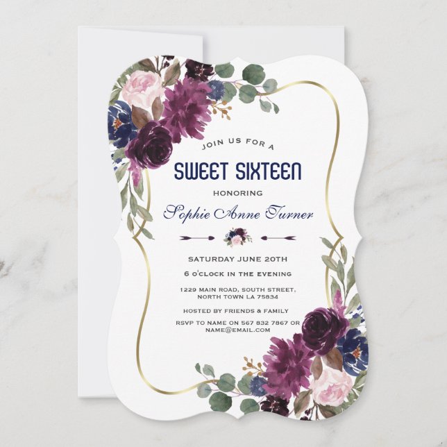 Charm Lavender Navy Gold Floral Bloom Sweet 16 Invitation (Front)
