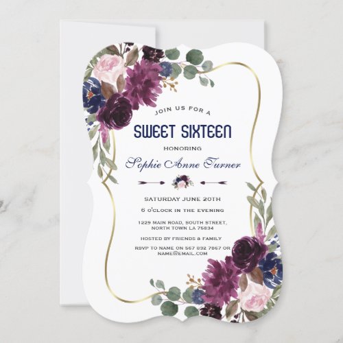 Charm Lavender Navy Gold Floral Bloom Sweet 16 Invitation