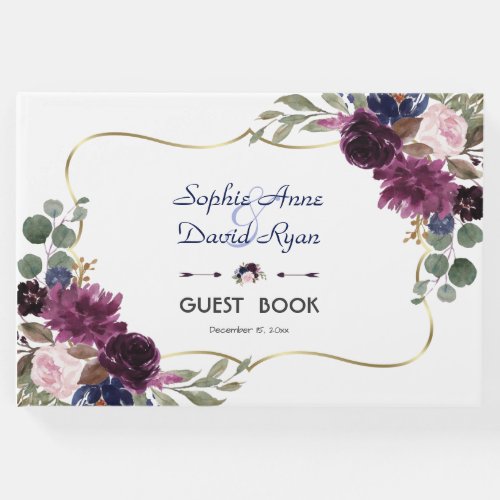 Charm Lavender Navy Gold Floral Bloom Wedding Guest Book