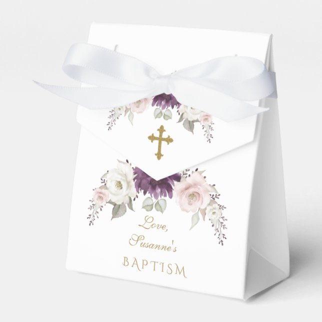 Charm Lavender Pink Blush Flowers Monogram Baptism Favor Boxes (Front Side)