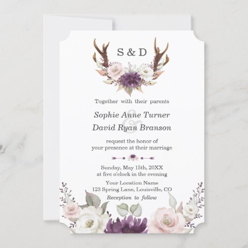 Charm Lavender Pink Floral Antlers Wedding Invitation