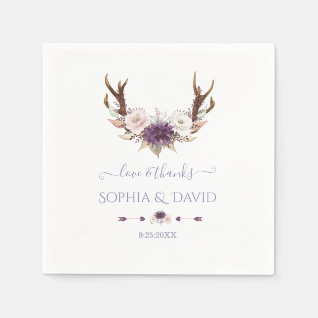 Charm Lavender Pink White Flowers Antlers Wedding Napkins (Front)