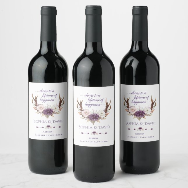 Charm Lavender Pink White Flowers Antlers Wedding Wine Label (Bottles)