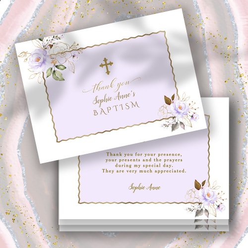 Charm Light Purple Gold Flowers Girl Baptism Thank You Card
