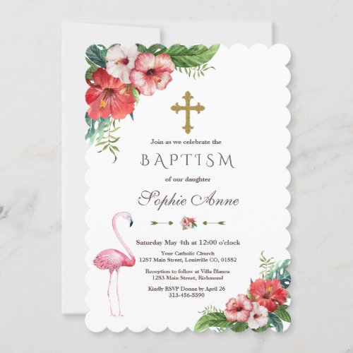 Charm Luau Flamingo Tropical Floral Baptism Invite