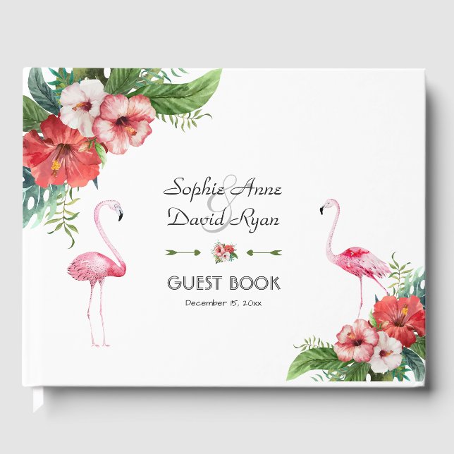 Charm Luau Flamingo Tropical Floral Wedding Guest Book (Front)
