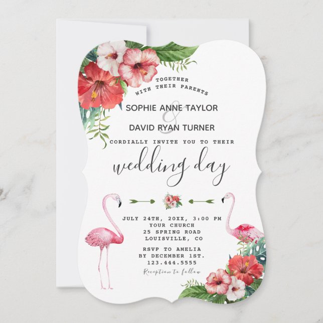 Charm Luau Flamingo Tropical Floral Wedding Invitation (Front)