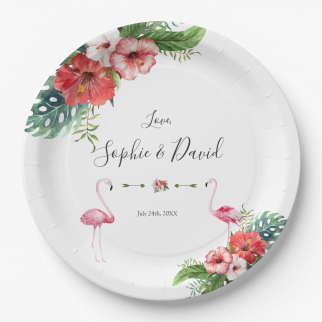 Charm Luau Flamingo Tropical Floral Wedding Paper Plates (Front)