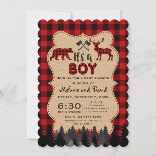 Charm Lumberjack Red Buffalo Boy Baby Shower Invitation