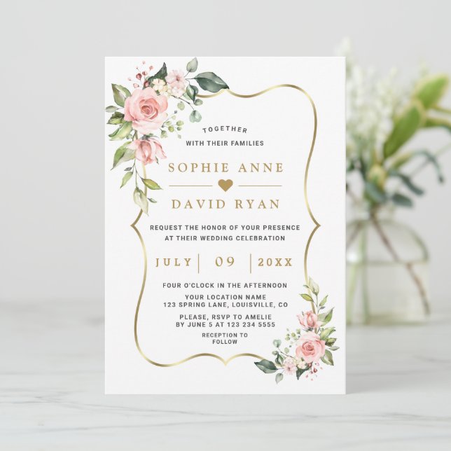 Charm Luxury Pink Blush Flowers Gold Wedding  Invitation (Standing Front)