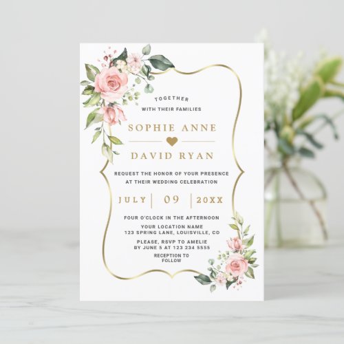 Charm Luxury Pink Blush Flowers Gold Wedding  Invitation