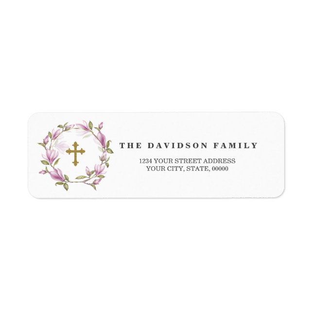 Charm Magnolia Flowers Gold Baptism Return Address Label (Front)