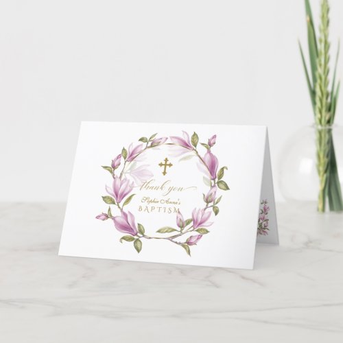 Charm Magnolia Flowers Gold Photo Girl Baptism Thank You Card