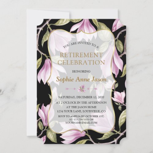 Charm Magnolia Flowers Gold Retirement Celebration Invitation