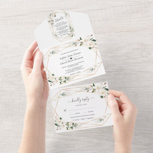 Charm Magnolia Flowers Rose Gold Wedding  All In One Invitation