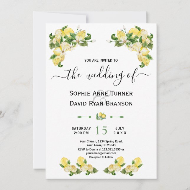 Charm Mediterranean Lemon Fruits Flowers Wedding Invitation (Front)