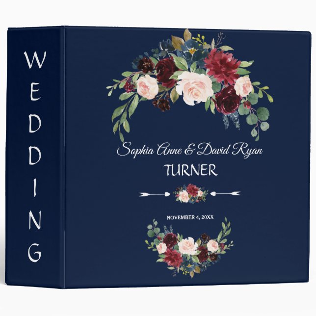 Charm Merlot Navy Blue Blush Floral Wedding Album 3 Ring Binder (Front/Spine)