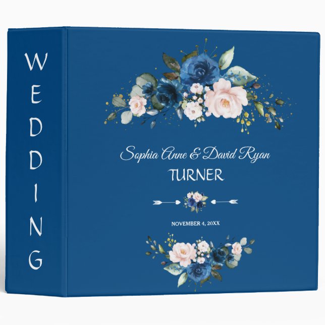 Charm Merlot Navy Blue Blush Floral Wedding Album 3 Ring Binder (Front/Spine)