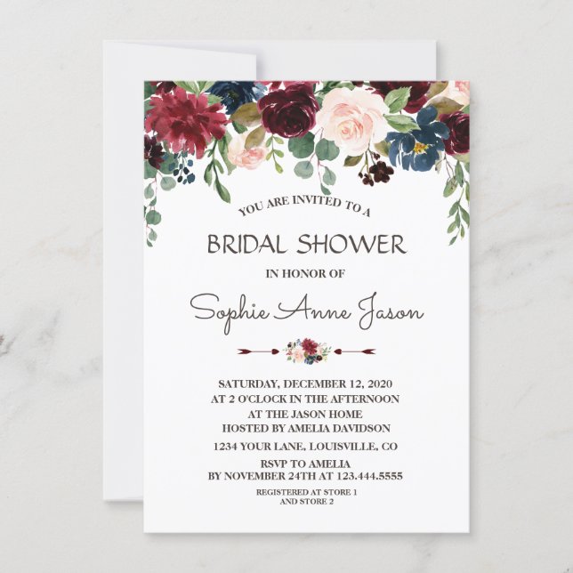 Charm Merlot Navy Blue Floral Bridal Shower Invitation (Front)
