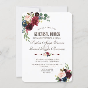 Charm Merlot Navy Blue Floral Rehearsal Dinner Invitation