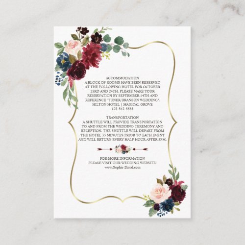 Charm Merlot Navy Blue Floral Wedding Details Enclosure Card