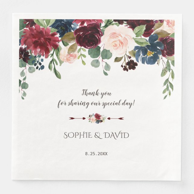 Charm Merlot Navy Blue Floral Wedding Paper Dinner Napkins (Front)