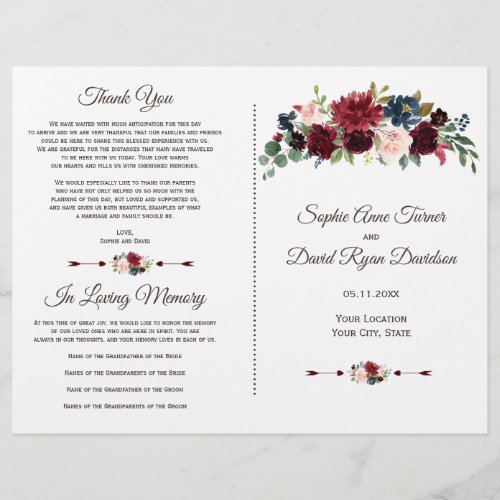 Charm Merlot Navy Blue Floral Wedding Program