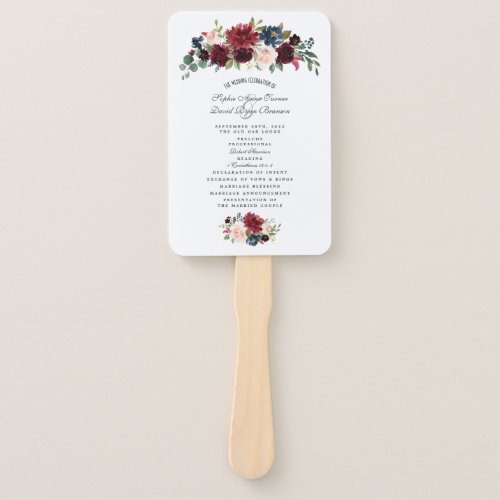 Charm Merlot Navy Blue Floral Wedding Program Hand Fan