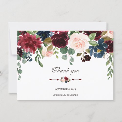 Charm Merlot Navy Blue Floral Wedding Thank you Invitation