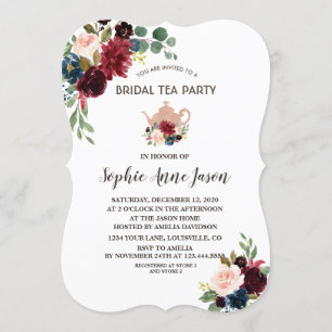 Charm Merlot Navy Floral Bridal Shower Tea Party Invitation