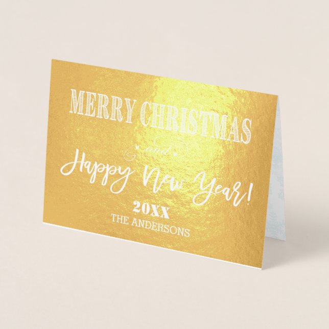 Charm Merry Christmas Happy New Year Family Photo Foil Card (Front)