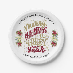 Charm Merry Christmas Happy New Year Typography Paper Plates